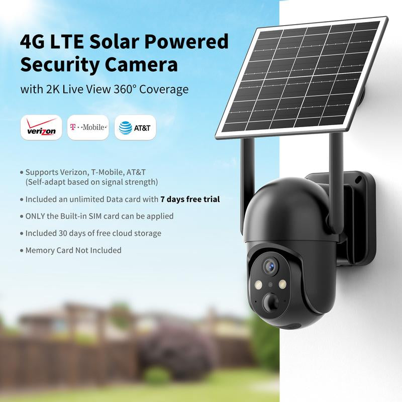 4G LTE Solar Powered Security Camera CB114S with 2K Live View 360° Coverage Two Way Audio PIR Motion Detection IP65 Waterproof Outdoor Surveillance（4G DATA REFILL Required）