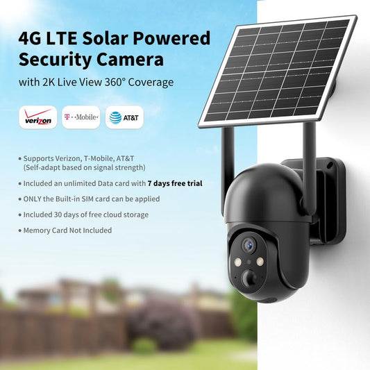 4G LTE Solar Powered Security Camera CB114S with 2K Live View 360° Coverage Two Way Audio PIR Motion Detection IP65 Waterproof Outdoor Surveillance（4G DATA REFILL Required）